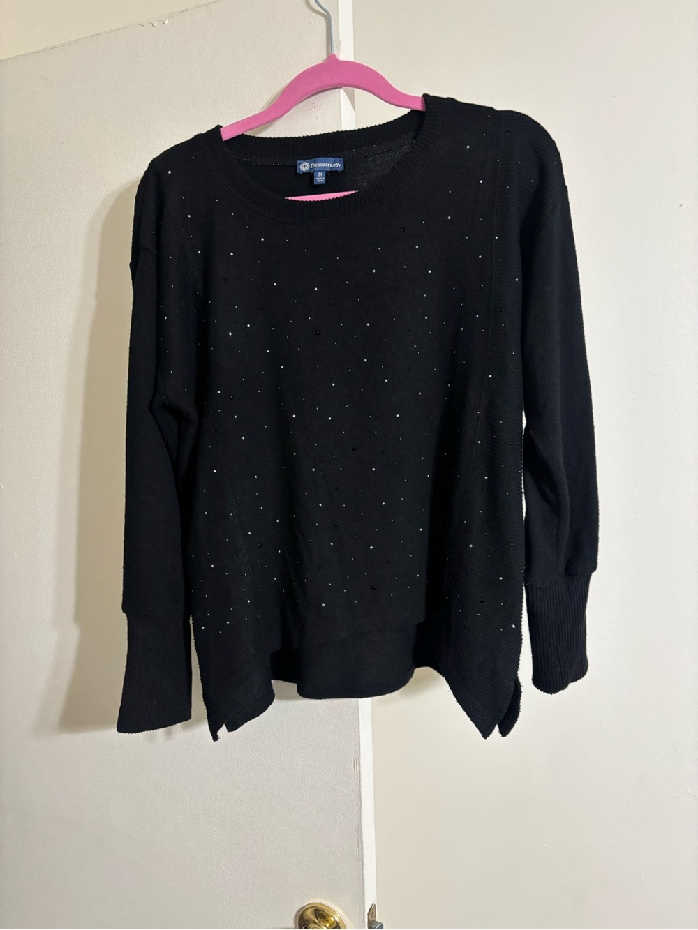 Democracy Black Crewneck Sweater with Subtle Crystal Embellishment
